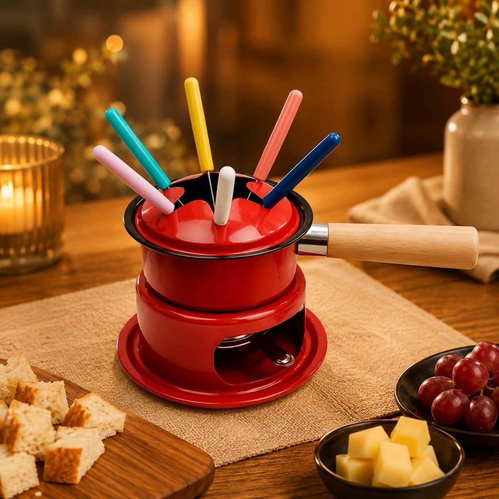 Kit Fondue 11 Peças Vermelho com Garfos Coloridos Aparelho para Chocolate e Queijo