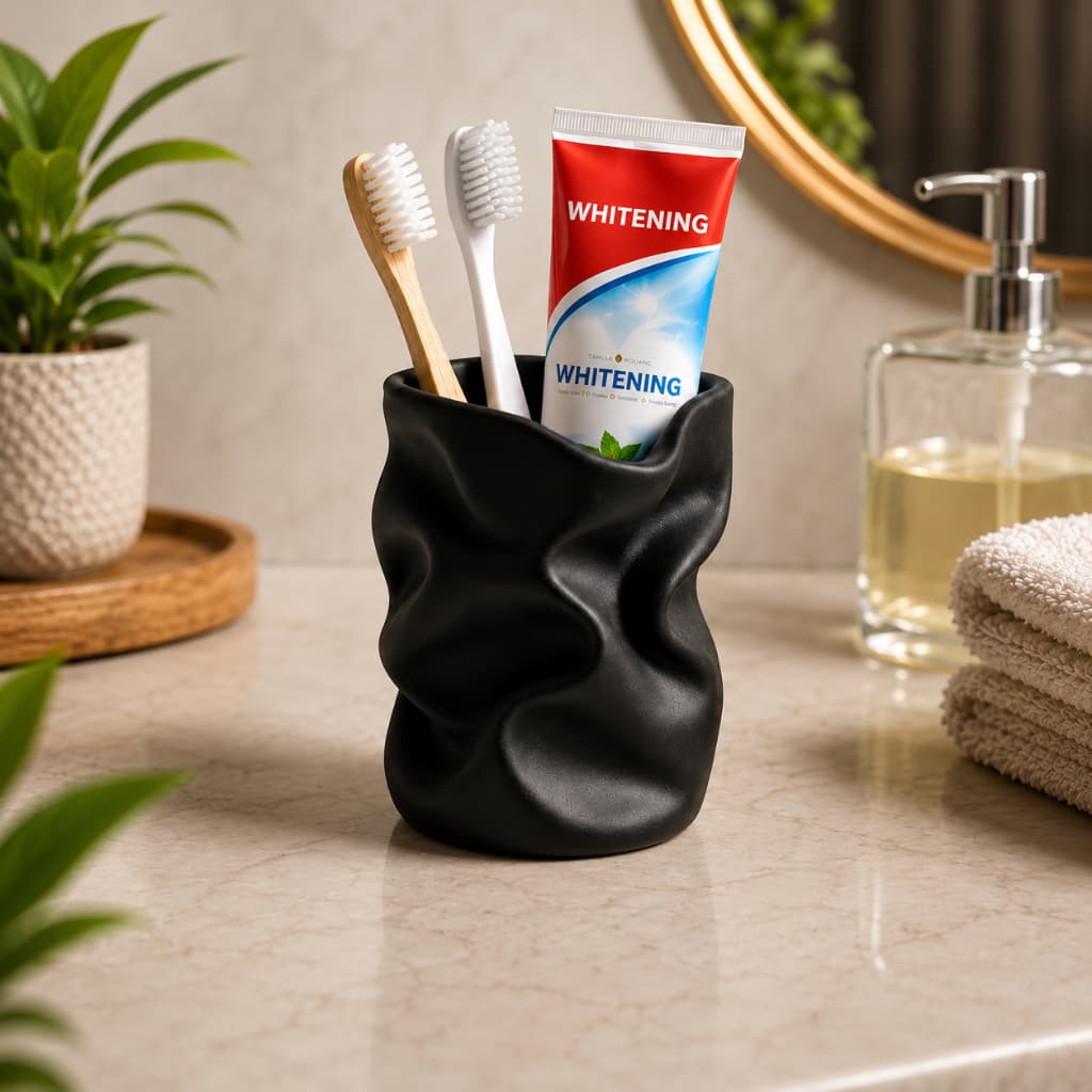Porta Escovas de Dente Moderno com Design Amassado – Organizador de Banheiro Elegante