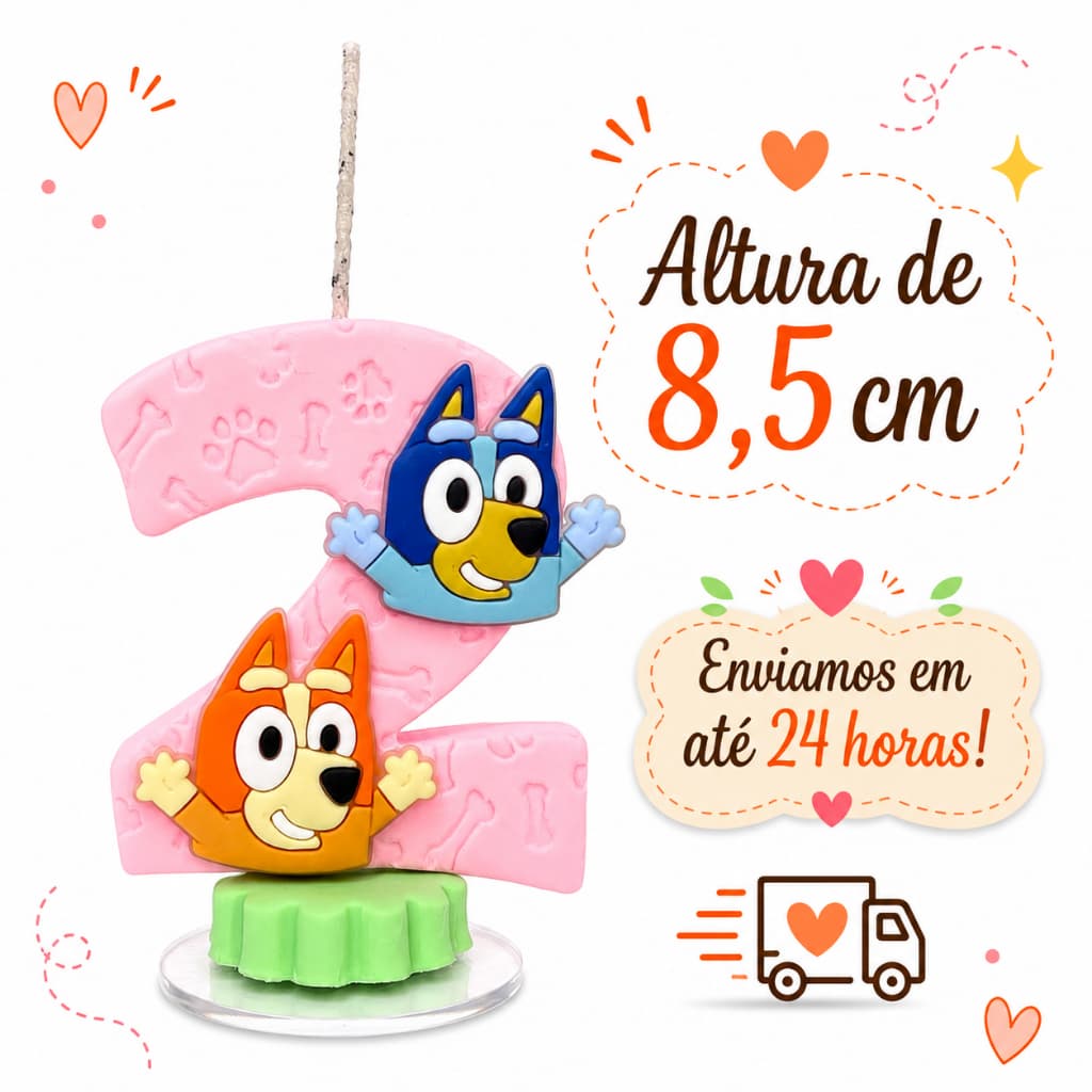 Vela de aniversário em Biscuit Blue desenho de cachorro. Topo de bolo. Vela rosa. Festa infantil tema cachorro. Com Nome