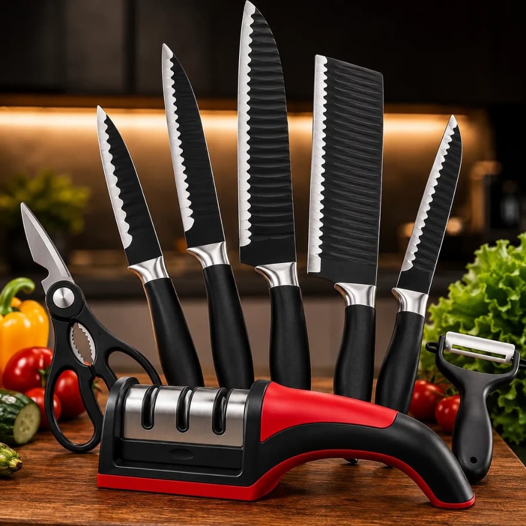 Jogo de Facas 7 Peças Inox com Afiador 3 Estágios Tesoura Descascador Cozinha Churrasco