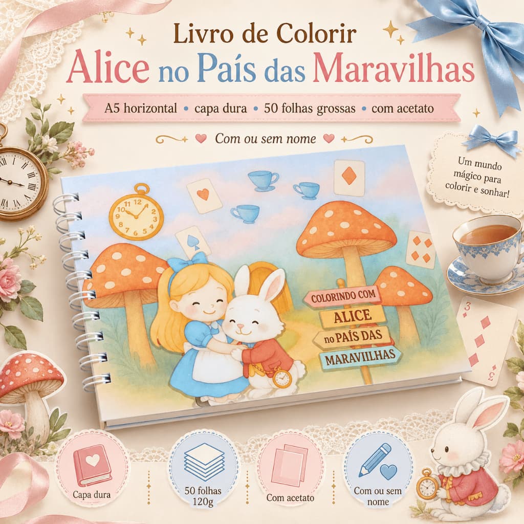Livro de Colorir Alice no País das Maravilhas A5 Capa Dura 50 Folhas Grossas com Acetato com ou sem Nome