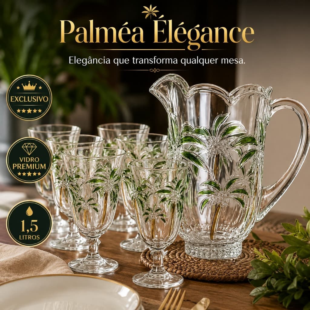 Jogo de Jarra de Vidro 1,5L com 6 Taças Decoradas Palmeira Kit Mesa Posta Premium