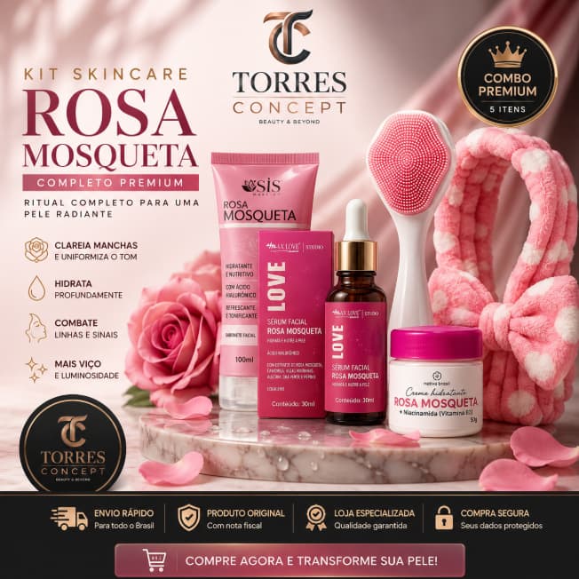 Kit Skincare Rosa Mosqueta Clareador Anti-idade Max Love Facial Completo Com Escova Limpeza Tiara