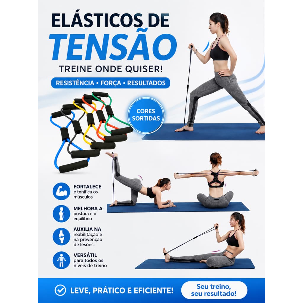 Elástico Extensor de Tensão para Musculação Treino Fitness Fisioterapia Exercícios Resistência Funcional