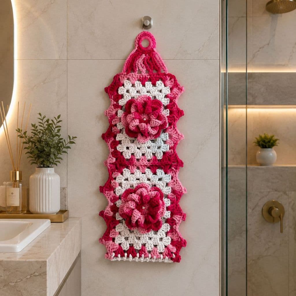 Porta Papel Higiênico Suporte de Crochê de 2 Rolos - Flor cor rosa e branco
