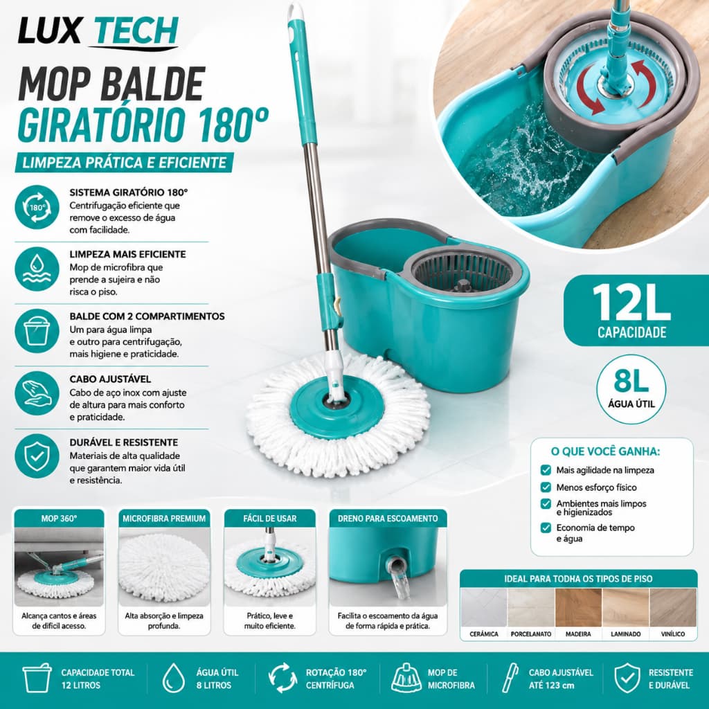 Mop Balde Com Esfregão Giratório 180 Graus Limpeza 8 Litros