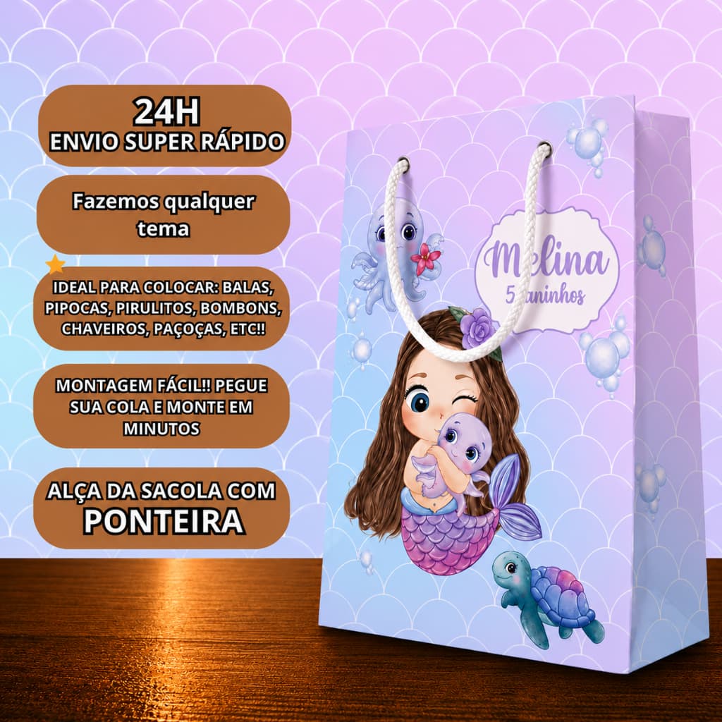 Sacolinha Personalizada Sereia Menina| Festa Infantil | Qualquer Tema | Nome e Idade | Envio Rápido 24h