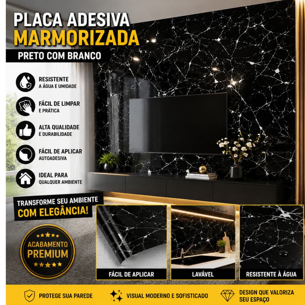 Placa Adesiva Marmorizada Preto e Branco 5 Metros Premium Autoadesiva Lavável Revestimento PVC Luxo