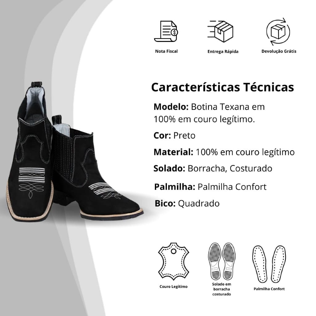 Botina Country Masculina – Bico Quadrado, Bordado Estilo Western | Botina Country Texana Masculina
