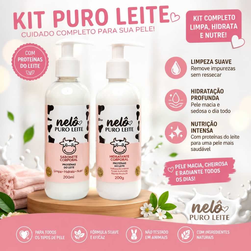kit puro leite vaquinha nelo, sabonete liquido, hidratante corporal