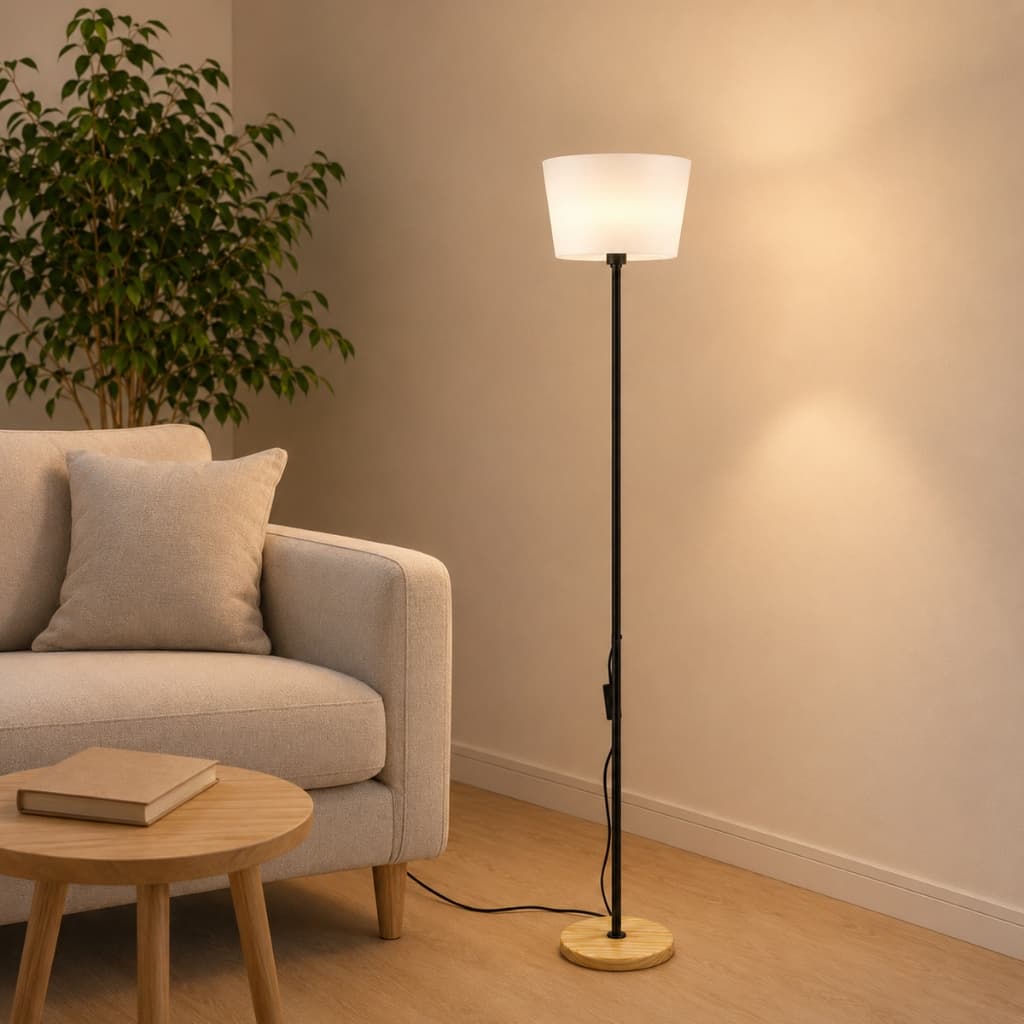 Luminária de Piso 140cm Bivolt Aço e Madeira Moderna Cúpula LED
