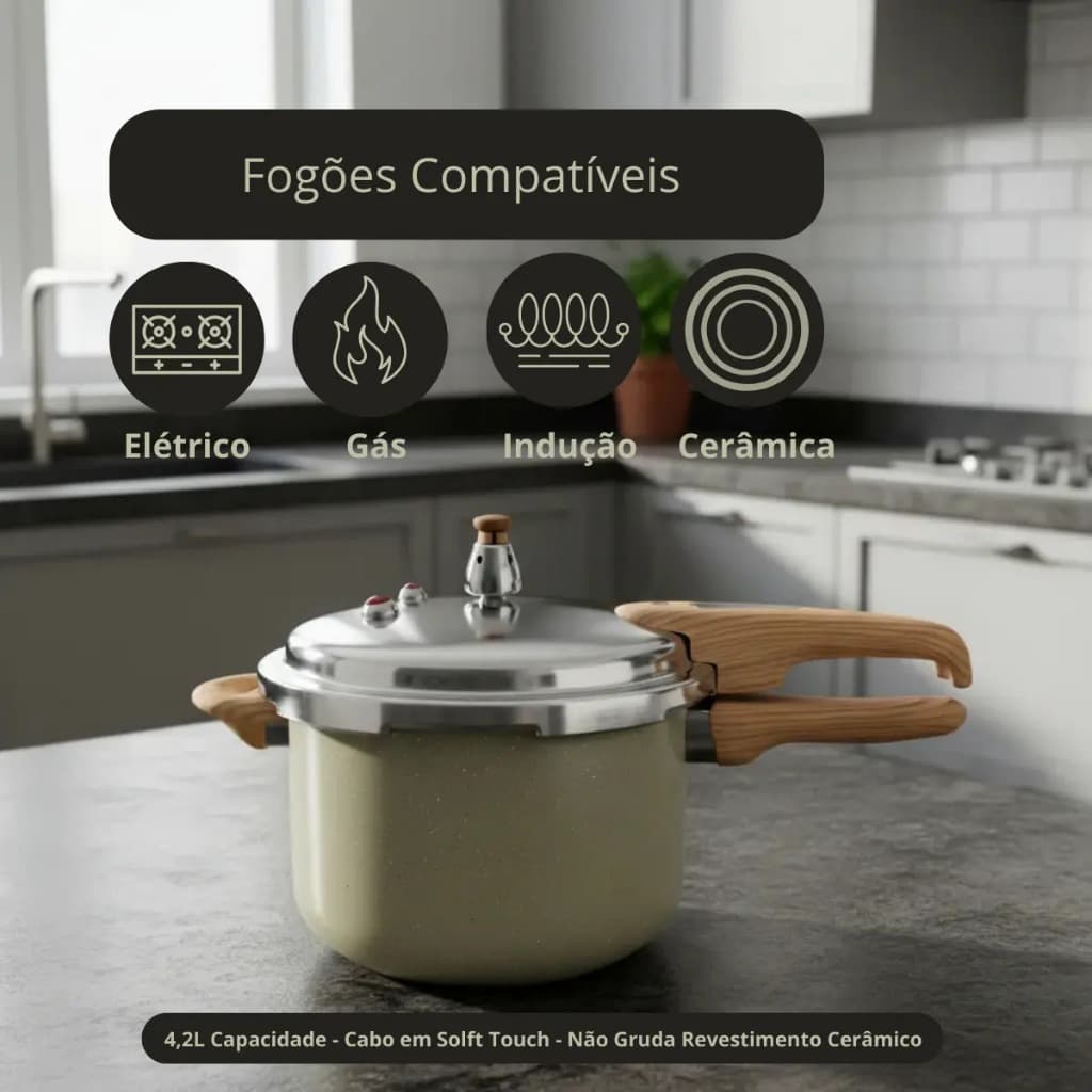 Panela De Pressão 4,2 Litros Max Chef Wood Para Fogão De Indução Feijão Carne