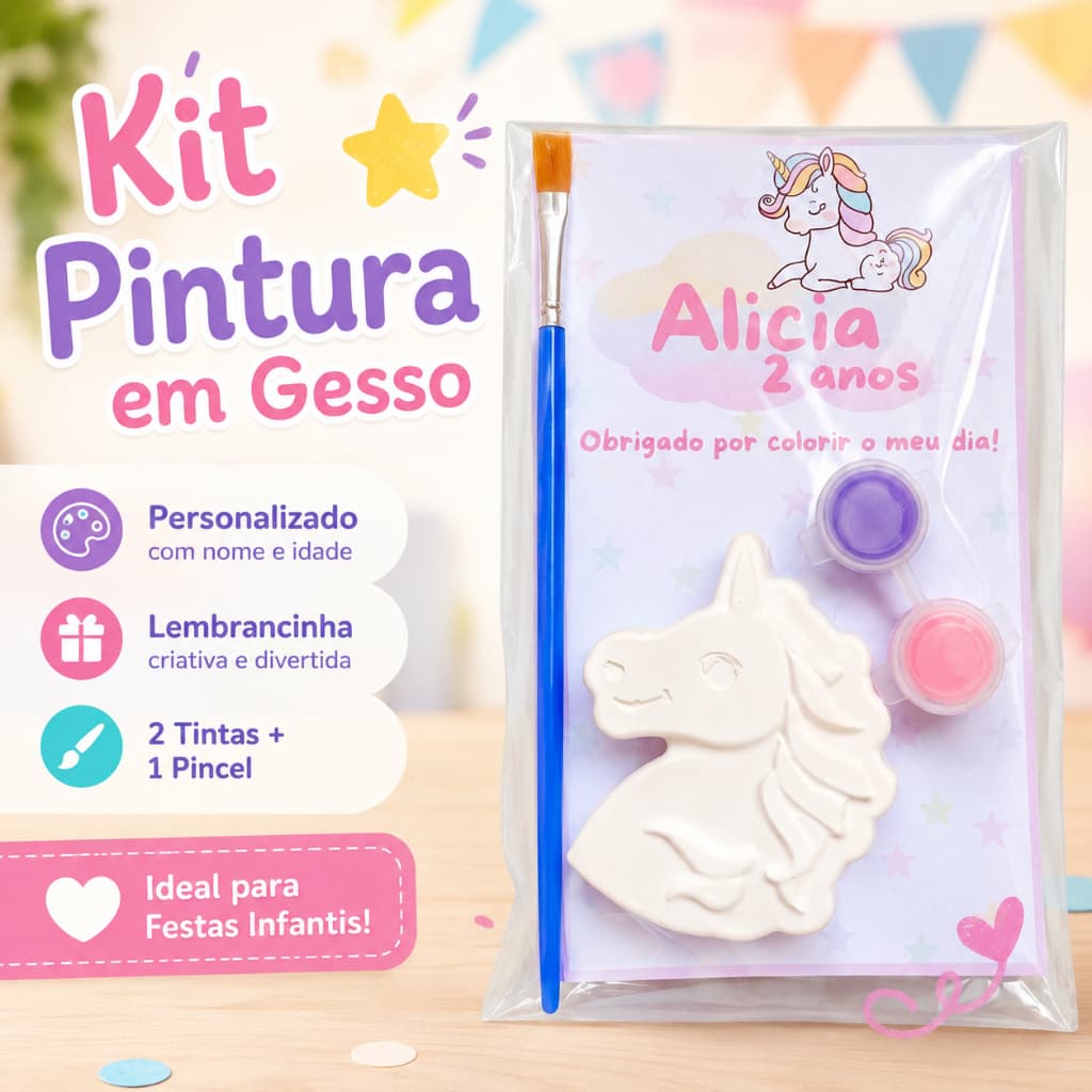 Kit Gesso para Pintar Personalizado | Lembrancinha Infantil | 1 Peça + Tintas e Pincel