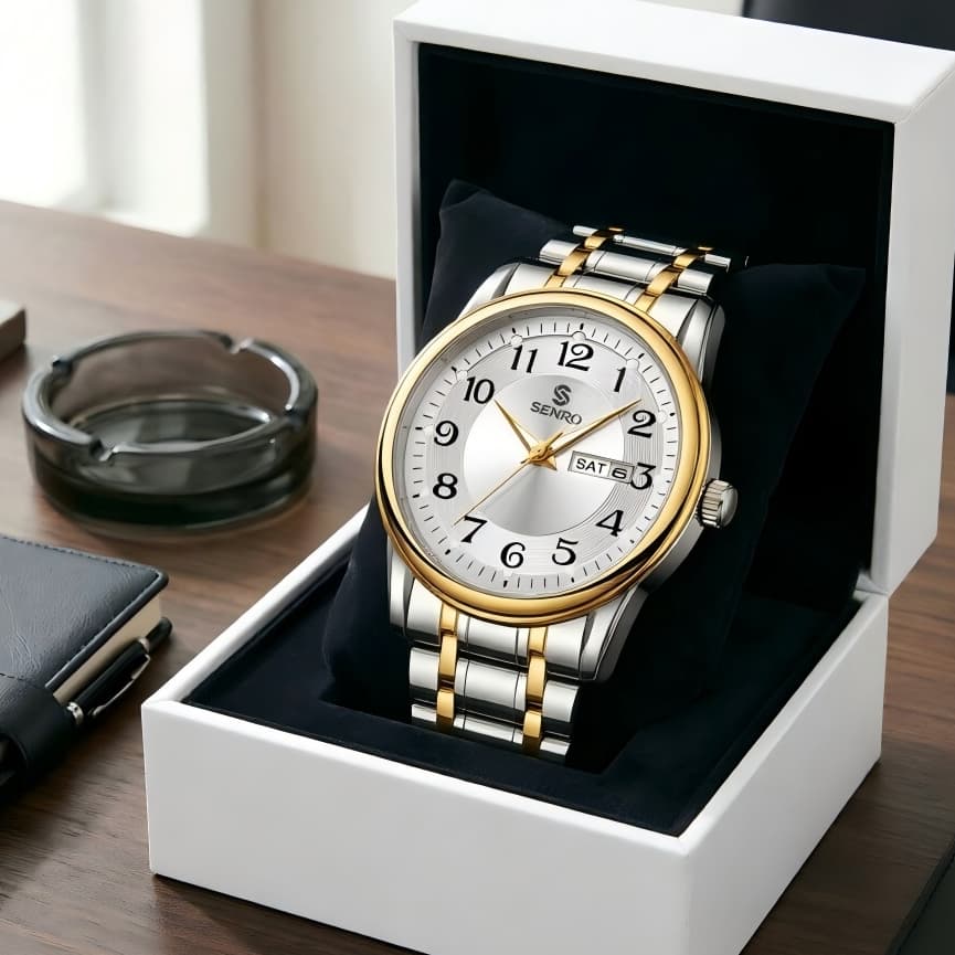 Relógio Masculino SENRO Quartzo Banhado Ouro Aço Inoxidável Resistente Água Executivo Luxo Luminoso