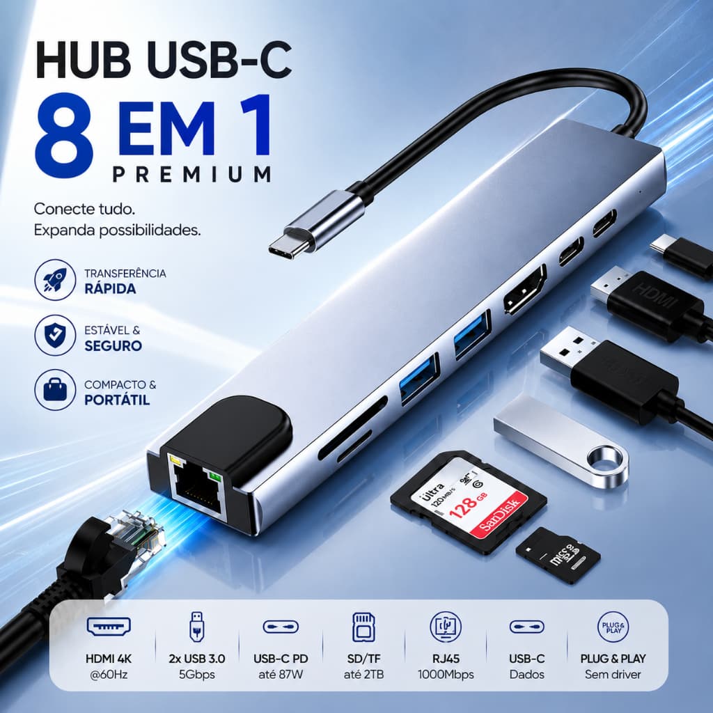Adaptador Hub Tipo C 8em1 HDMI Micro Sd Tf M1 4k Usb 3.0 Para computador todo tipo