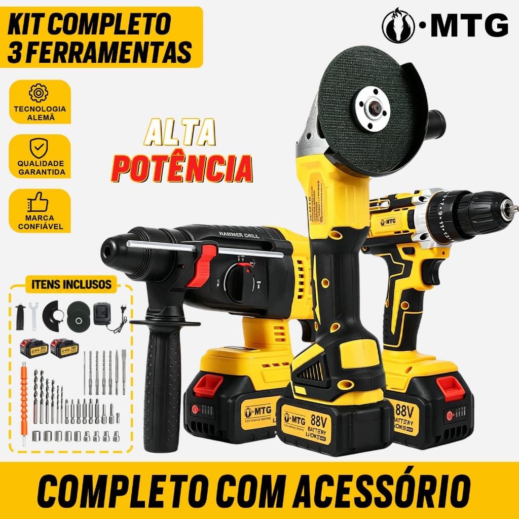Kit Profissional 3 em 1 MTG 88V Furadeira 350W Esmerilhadeira 1200W Martelete 1000W Motor Sem Escova Duas Baterias Acess