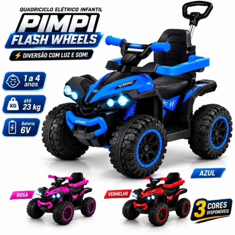 Quadriciclo Elétrico Infantil Pimpi Flash Wheels 6V com Luz, Som, USB e Haste Guia