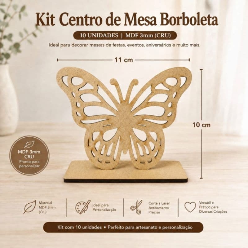 kit 10 centro de mesa borboleta MDF CRU