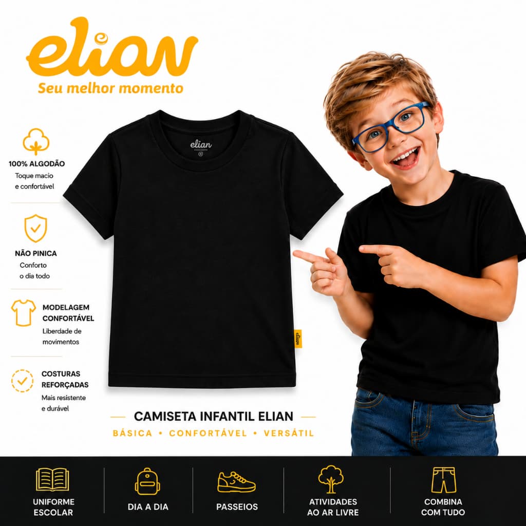 Camiseta Preta - Camiseta Básica Elian Menino