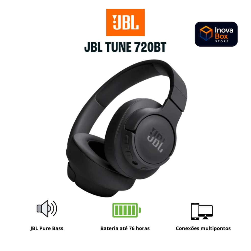 Fone Bluetooth JBL Tune 720BT Sem Fio Pure Bass 76h Bateria Bluetooth 5.3 Dobrável
