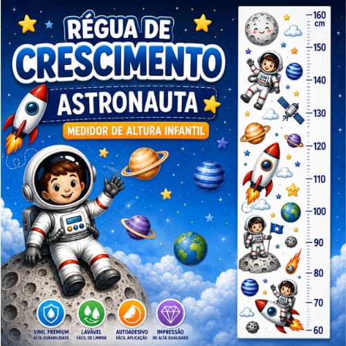 Régua de Crescimento Astronauta Infantil Adesivo de Parede Decorativo Quarto Menino Mede de 60 a 160 cm
