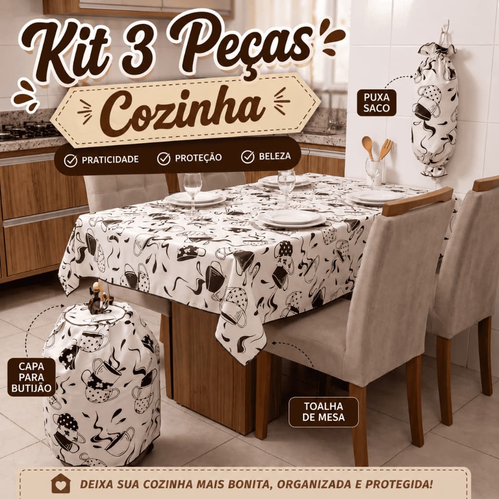 Kit 3 Peças Toalha Mesa Cozinha 145x145 Capa Botijão Gás 13kg Puxa Saco Decoração Organização