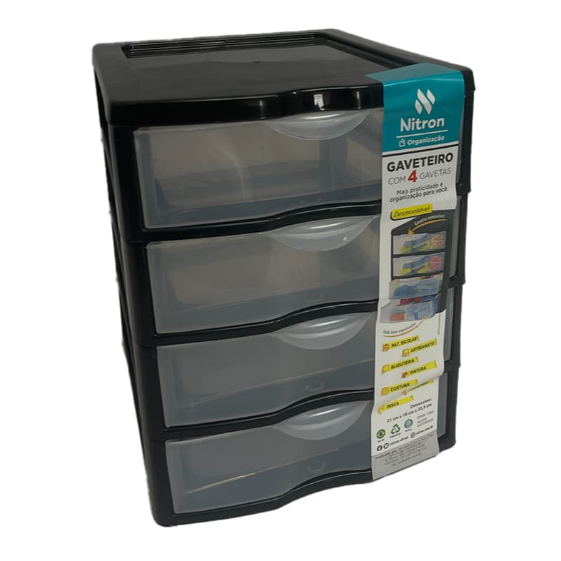 Gaveteiro Plástico Nitron - Organizador Multifuncional Preto, Livre de BPA, Design Alegre