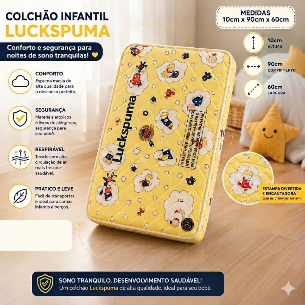 Colchão De Berço 60x90x10cm Luckspuma Espuma D18 Impermeável Amarelos