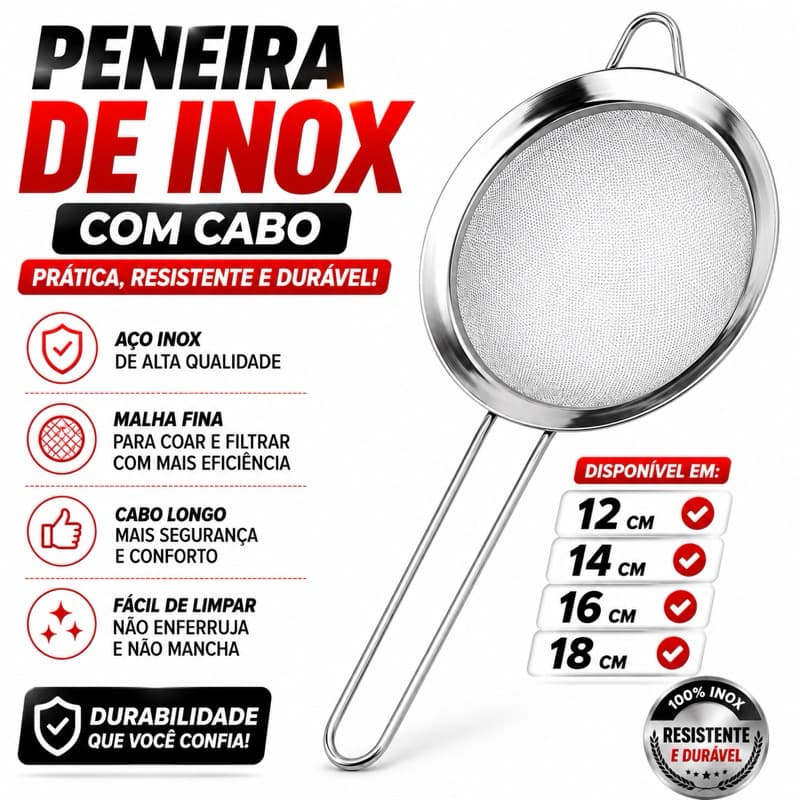 PENEIRA COADOR INOX De Cozinha 18cm 16cm 14cm 12cm Resistênte Lavável Super Oferta