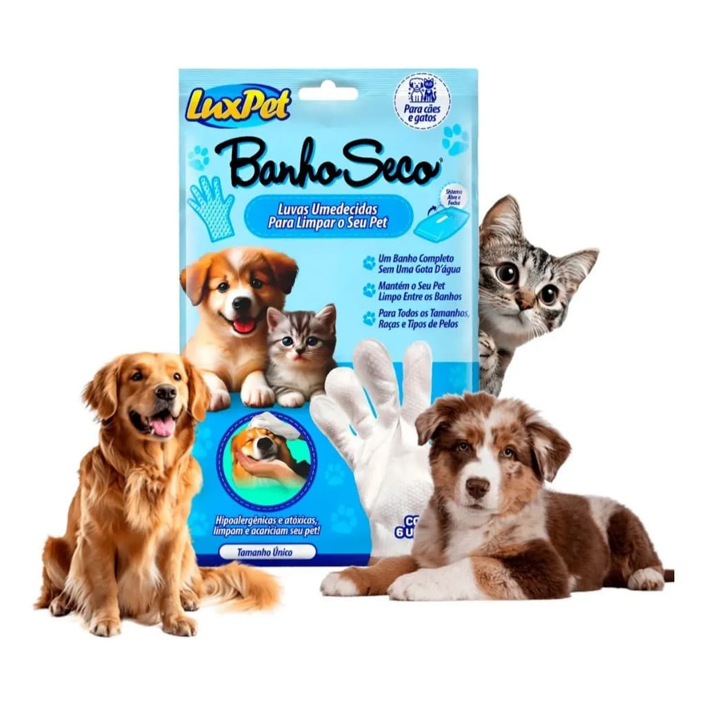 Luva Banho a Seco Pet Umedecida Descartável para Cachorro e Gato Remove Sujeiras Higienização Limpeza Sem Enxágue