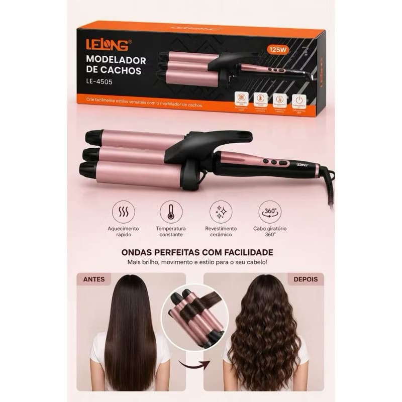 Modelador de Cachos Profissional Tri-Ondas Lelong LE-4505 Bivolt com Ajuste de Temperatura Efeito Ondas de Sereia
