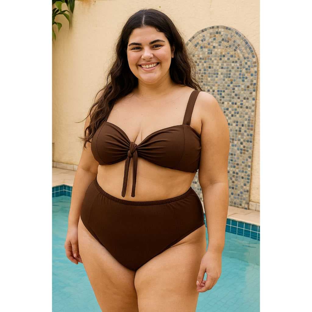 Biquini Top Plus Size 2em1 Feminino, Bojo e Laço Removivel Calcinha Cintura Alta Moda Praia
