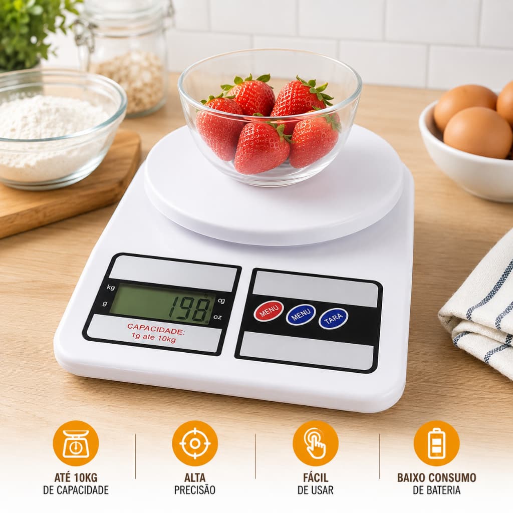 Balança Digital Cozinha Alta Precisão Capacidade 10kg Compacta Portátil expert em RECEITAS e DIETAS