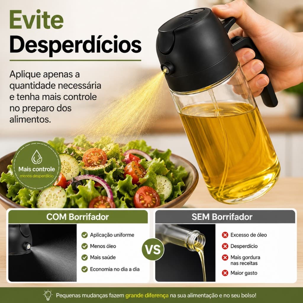 Borrifador Premium  de Azeite e Vinagre 470ml 2 em 1 Spray e Dosador Galheteiro de Vidro Anti Vazamento