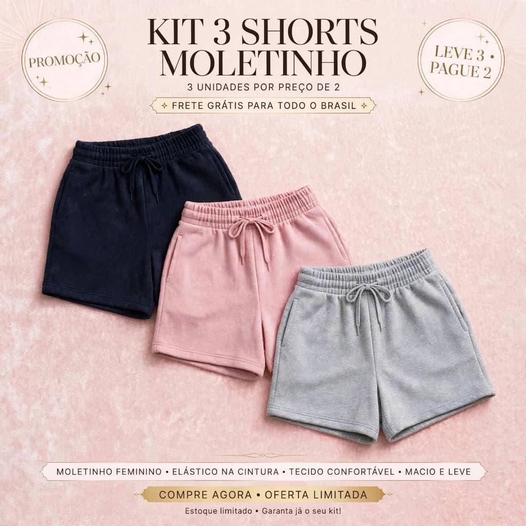 Kit Short Feminino Moletinho Moletom Elástico na Cintura De Algodão Com Bolso Laterais