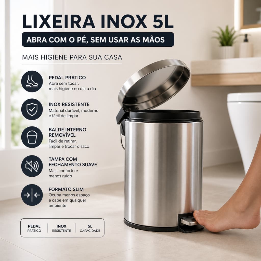 Lixeira Inox 5L Slim com tampa Pedal balde removível banheiros lavabos escritório cozinhas