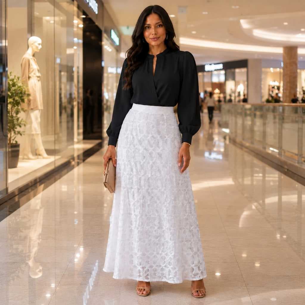 SAIA FEMININA LONGA MIDI EM RENDA GUIPIR , MODA EVANGÉLICA