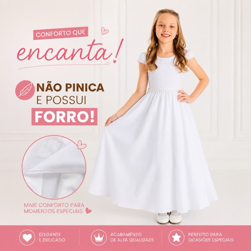 Vestido Longo Branco Saia Rodada Dama Infantil Casamento Festa Cinto de Perola e Laço REF4238
