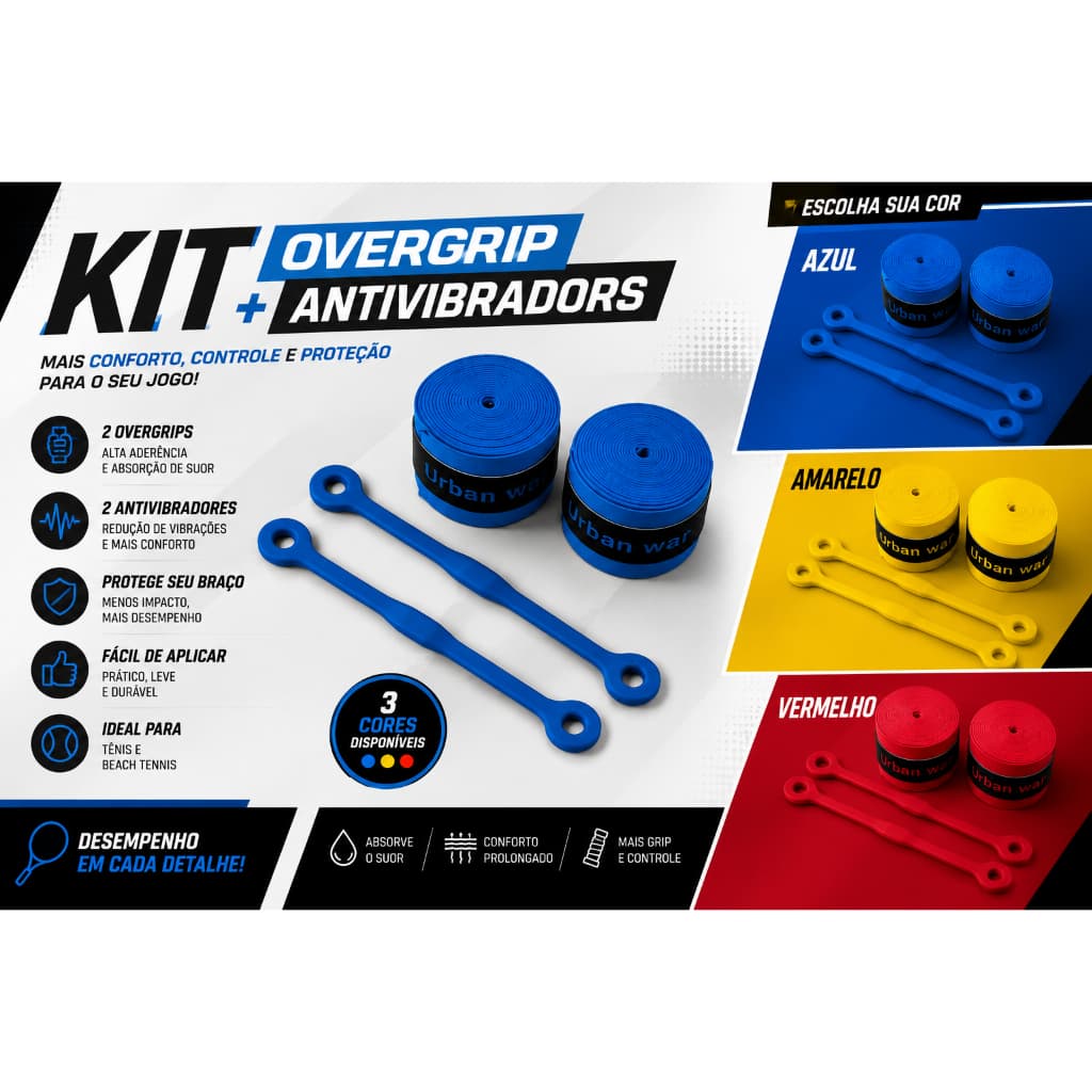 Kit Overgrip + Antivibradores para Raquete | 2 Overgrips + 2 Antivibradores | Tênis e Beach Tennis | Urban War