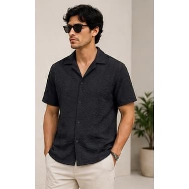 Camisa Masculina Texturizada Com Botão Camisão Folhagem 100% Poliester Manga Curta