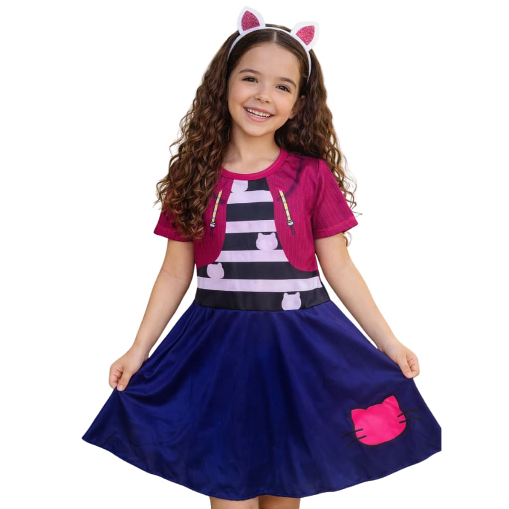 Vestido Infantil A Casa Mágica Da Gabby Gabi + Tiara Gatinho Da Gabi