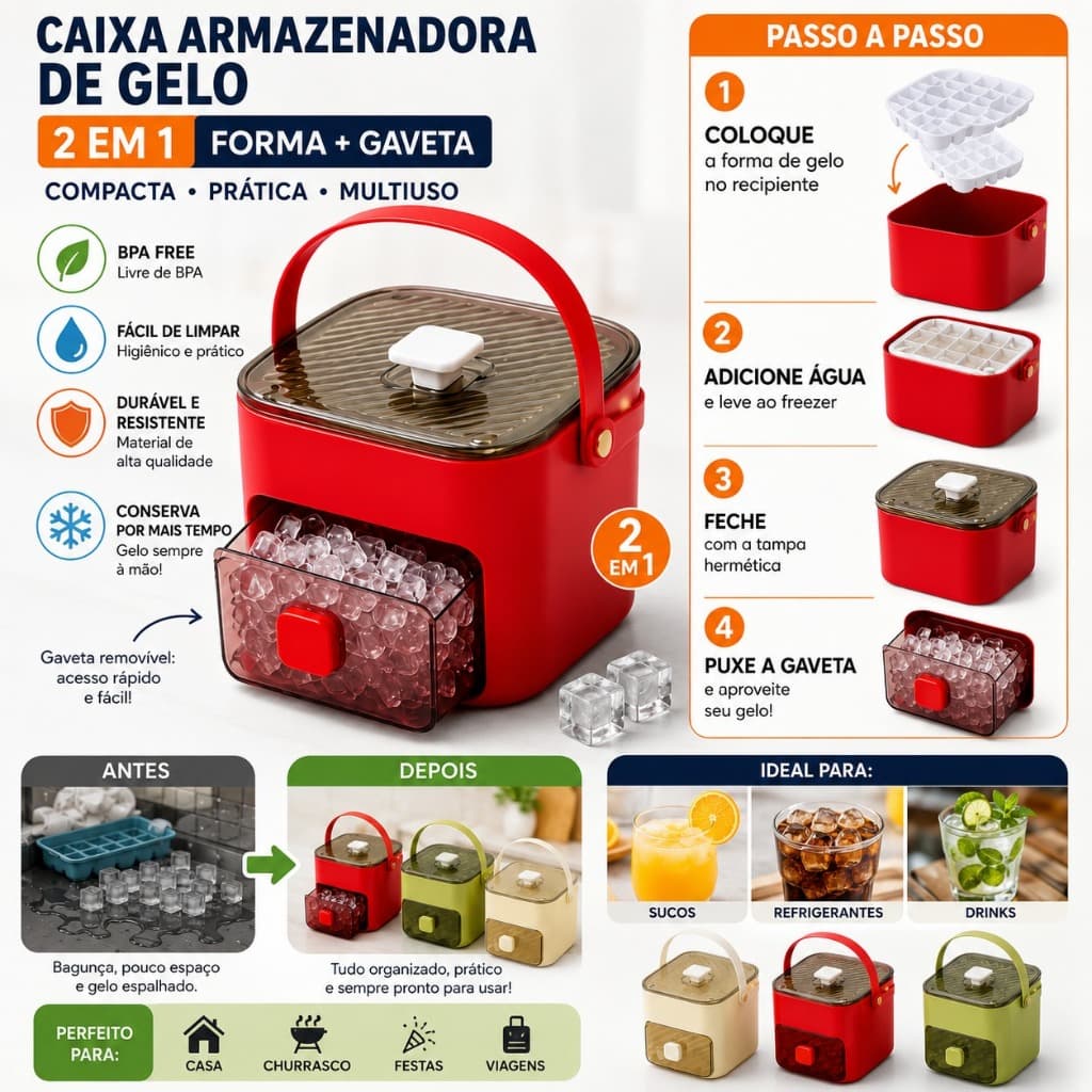 Caixa Armazenadora de Gelo com Forma e Gaveta 2 em 1 Compacta Prática para Sucos Refrigerantes e Drinks