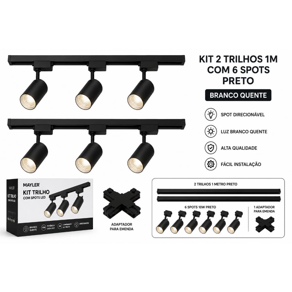 Kit Trilho Eletrificado Preto 2MT + 6 Spots Branco Frio Mayler 10W com adaptador