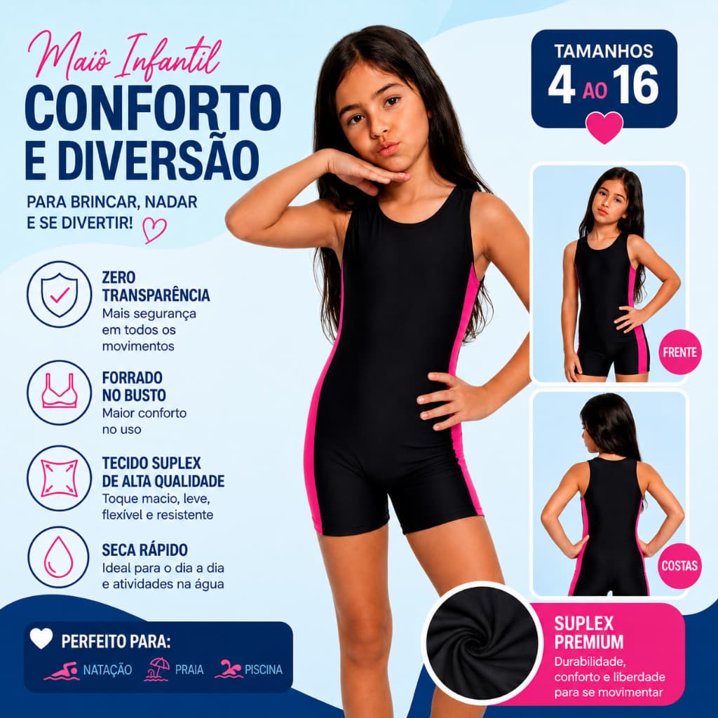 Maiô Infantil com Perninha em Suplex – Zero Transparência | Tamanhos 4 ao 16