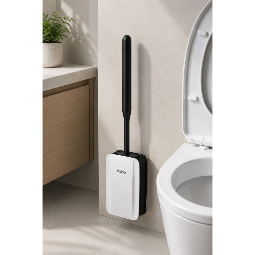Escova Sanitária Silicone com Suporte de Parede Preto e Branco | Porta Escova para Banheiro