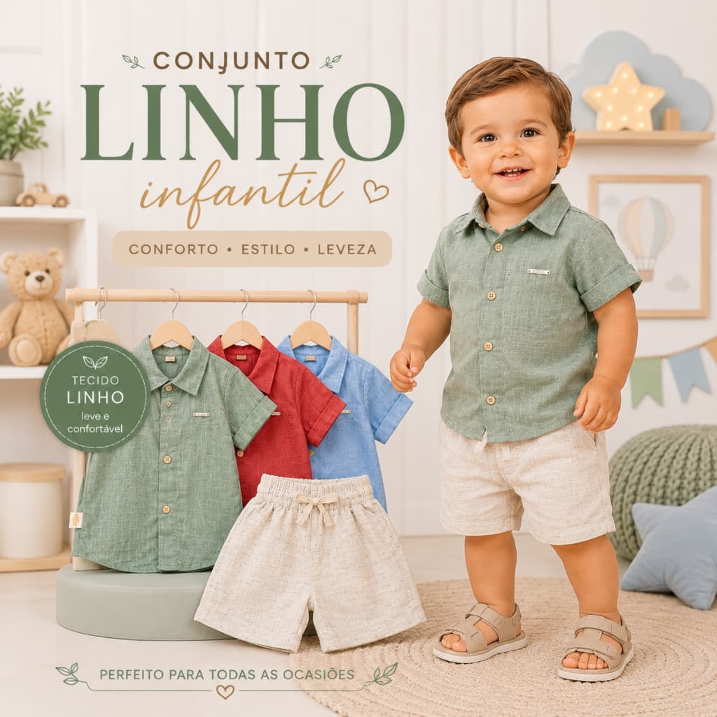 Conjunto infantil masculino short + camisa de botões para meninos Conjunto Linho Kids Social Meninos