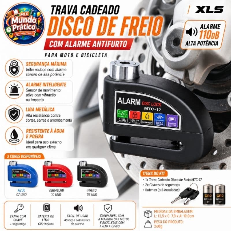Trava Cadeado Disco De Freio Com Alarme Antifurto Para Moto Cores Sortidas
