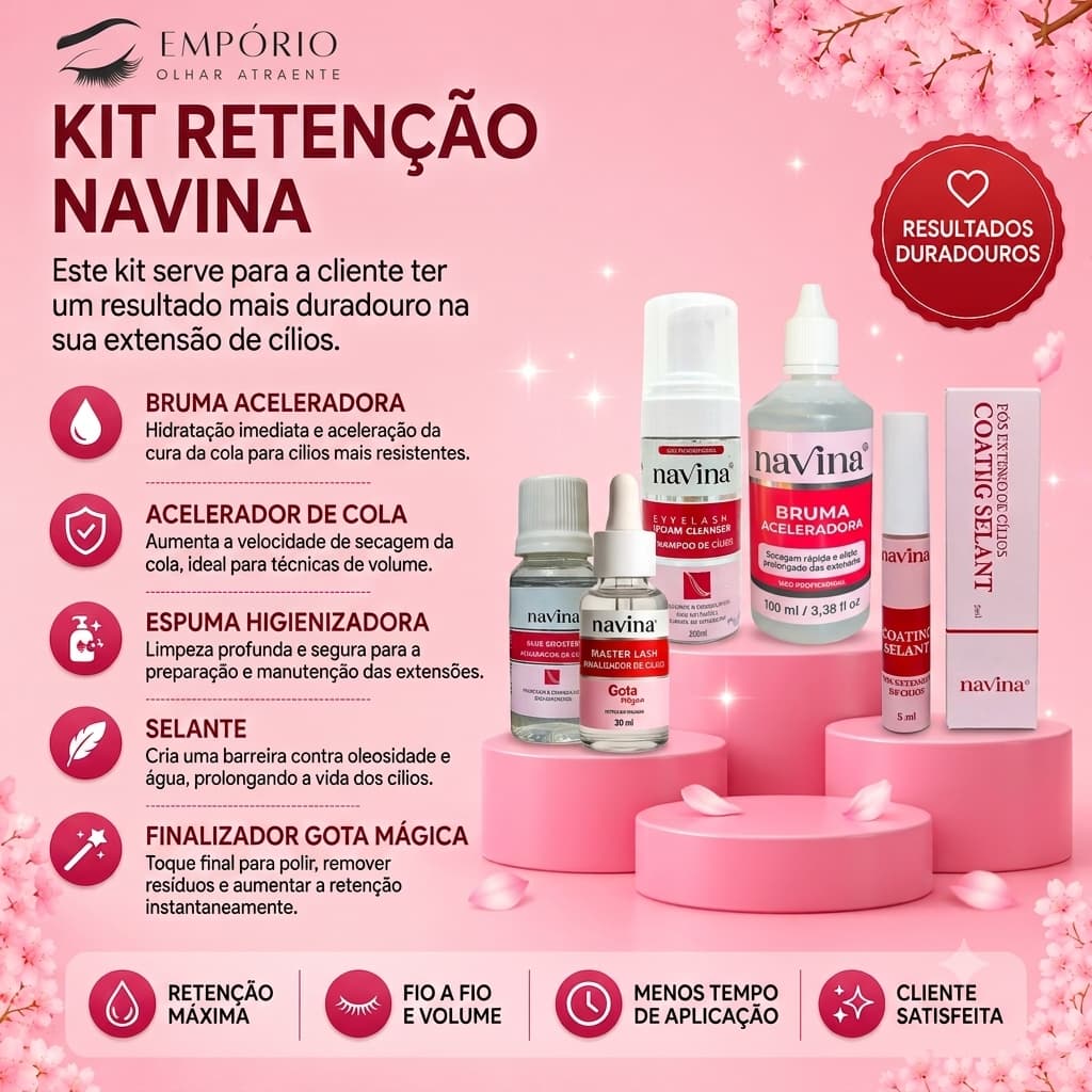 Kit Retenção Navina Bruma Acelerador Espuma Limpeza Finalizador Cilios