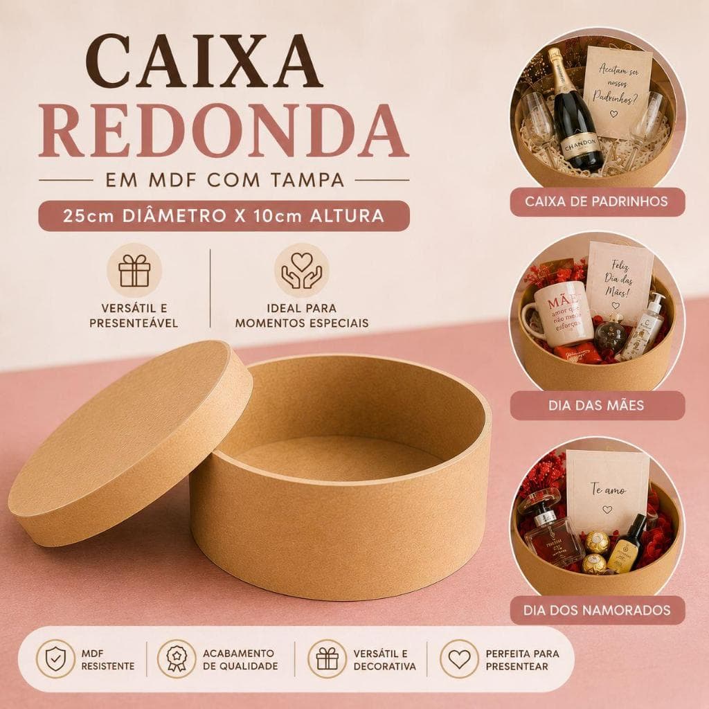 Caixa Redonda 25x10 MDF Com Tampa Caixa De Padrinhos Casamento Lembrancinha Batizado Cesta Presente