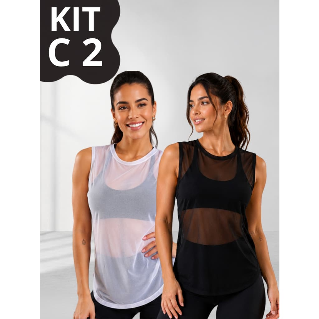 Kit 2 Regata Transparente de Tule Academia Feminina Regatão Blusa Moda Fitness